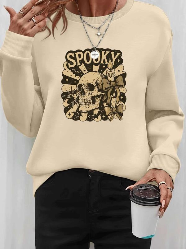 Men's Halloween Skull Print Long Sleeve Pullover Sweatshirt, Casual Fitted Round Neck Top, Fall & Winter Fashion,...