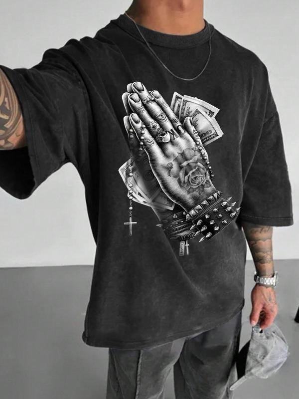 Men's Hand Print Round Neck Tee, Casual Short Sleeve T-shirt for Summer, Men's Top for Daily Wear, Cotton Hoodie Sweatshirt