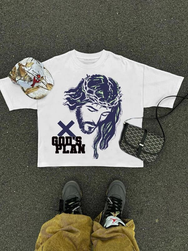Men's Jesus Print Round Neck Tee, Regular Fit Casual Short Sleeve Crew Neck T-Shirt for Summer, Fashion Men's Top for...
