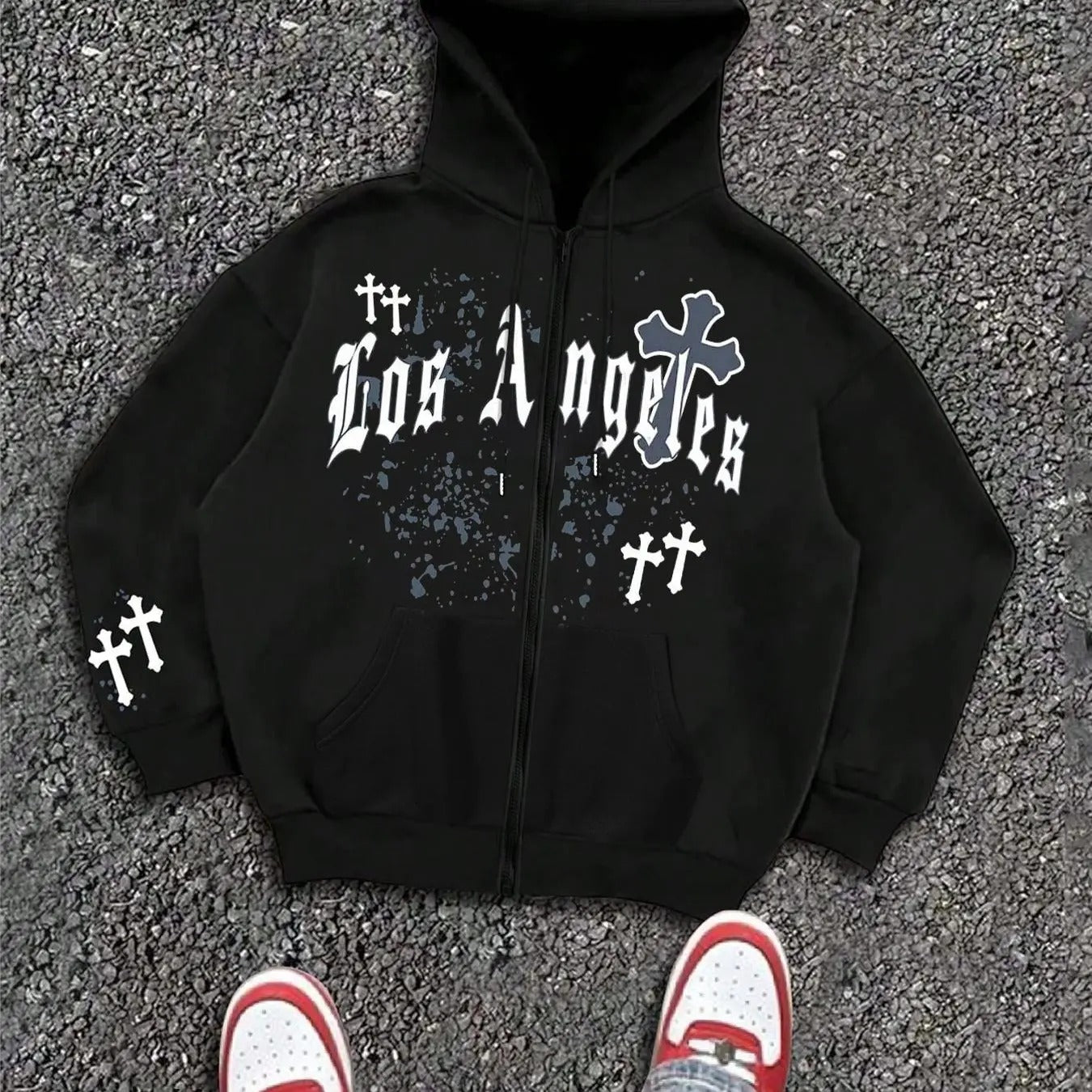 Men's Letter & Cross Print Drop Shoulder Zip Up Hoodie, Fashion Casual Regular Fit Drawstring Pocket Hooded Sweatshirt...