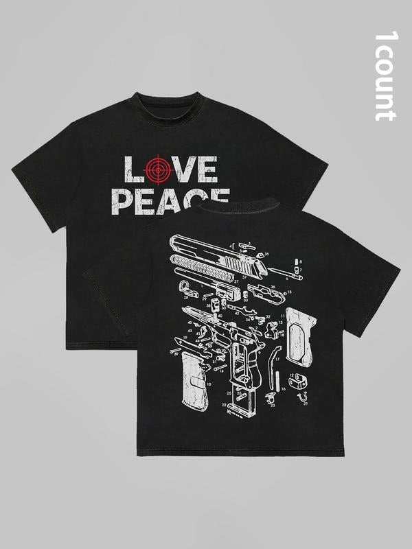 Men's Letter & Gun Print Round Neck Tee, Regular Fit Casual Short Sleeve Crew Neck T-shirt for Summer, Fashion Men's Top...