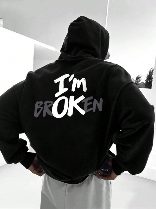 Men's Letter Print Drop Shoulder Hoodie, Fashion Casual Regular Fit Drawstring Pocket Hooded Sweatshirt for Daily Holiday...