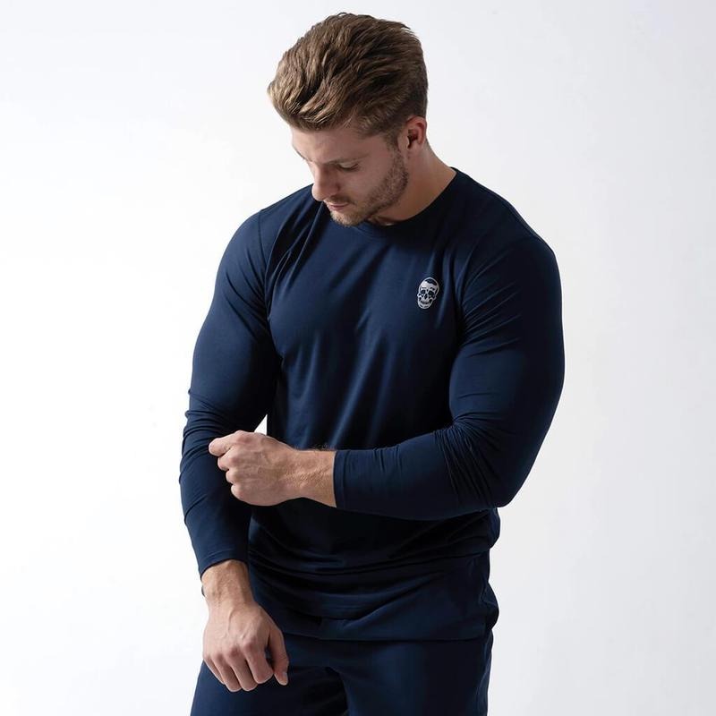 Men's Plain Performance Long Sleeve Shirt for All Seasons - Navy Hoodie Sweatshirt | PrintMintTees.com