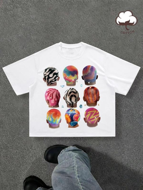 Men's Random Color Head Print Short Sleeve Graphic Tee, Regular Fit Casual Creative Printed Round Neck T-shirt for...