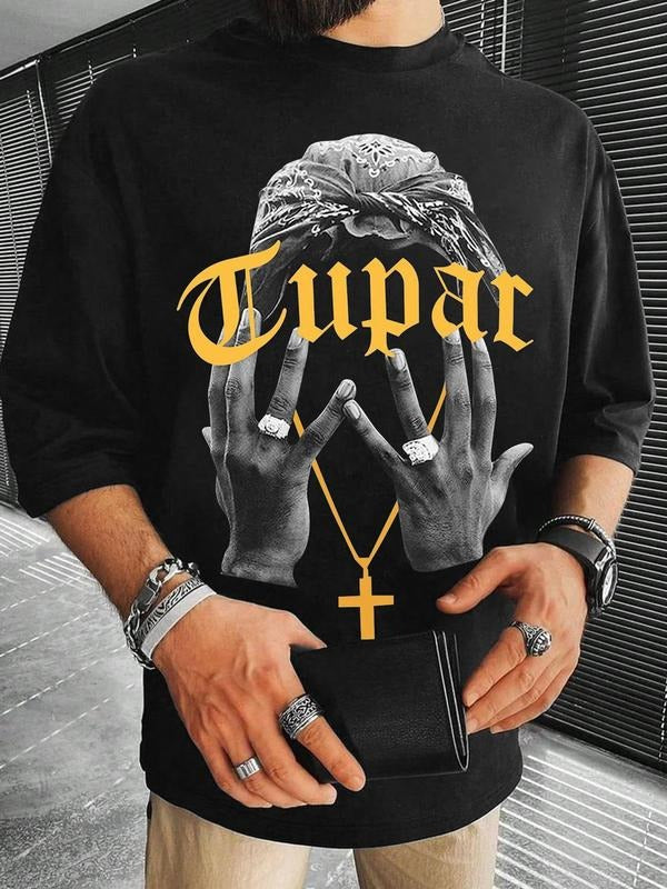 Men's Regular Fit Cross & Hand Print Round Neck Tee, Casual Short Sleeve Crew Neck T-shirt for Summer, Fashion Men's Top...