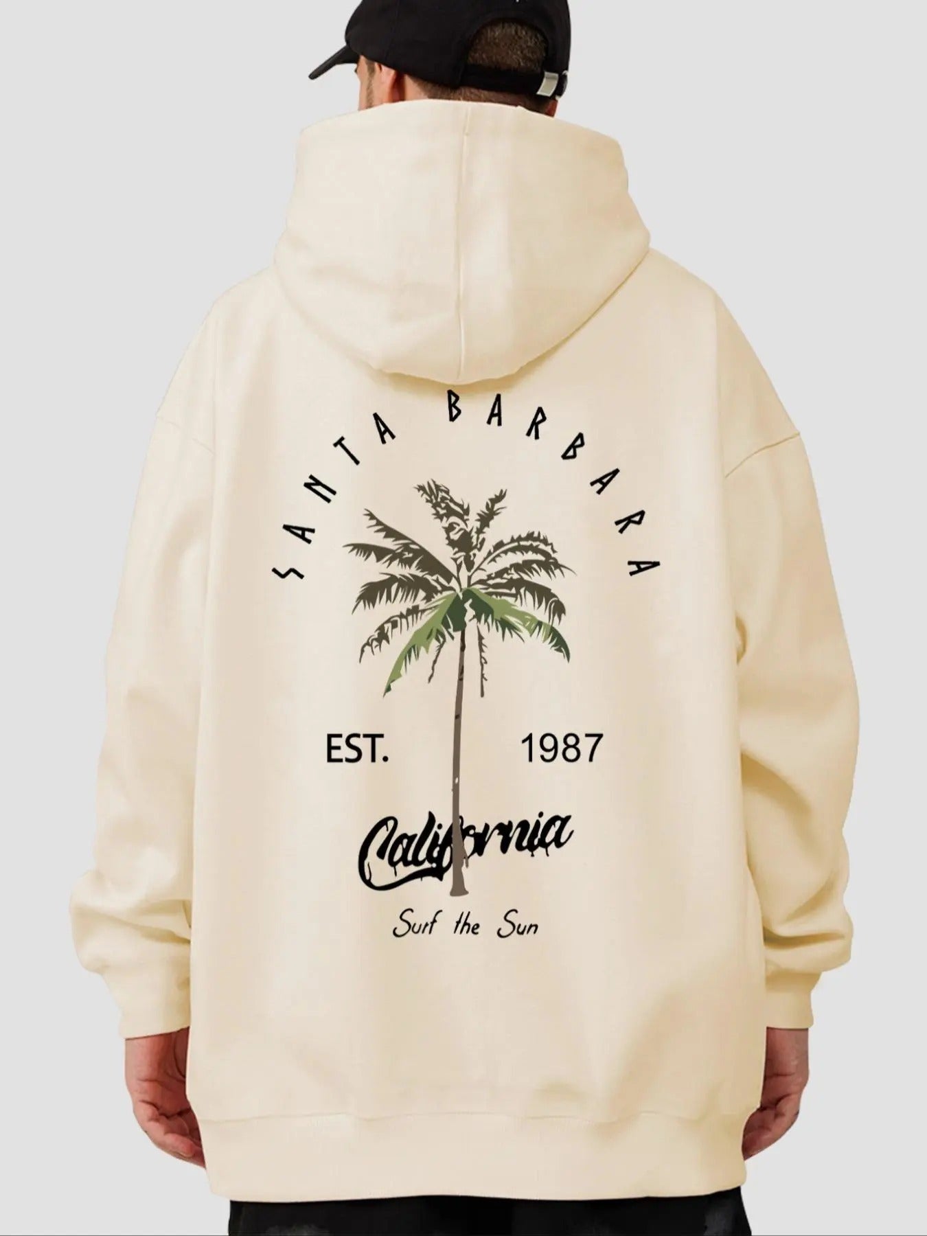 Regular Fit Palm Tree & Letter Print Drop Shoulder Casual Drawstring Pocket Hooded Daily Outdoor Clothes Fall & Winter T-Shirts, Hoodie, Sweatshirt