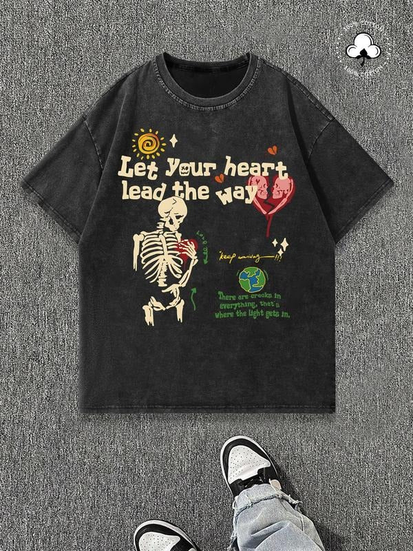 Men's Skeleton & Letter Print Distressed Short Sleeve Graphic Tee, Regular Fit Casual Round Neck T-shirt for Daily Wear,...