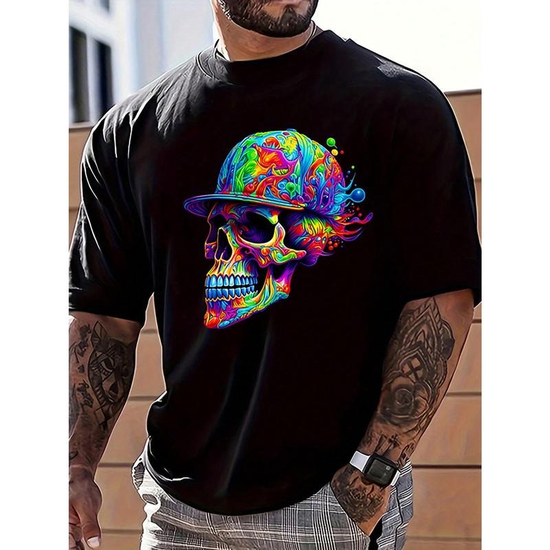 Men's Skull Print Round Neck Short Sleeve Casual T-Shirt, Summer Made in USA Hoodie Sweatshirt | PrintMintTees.com