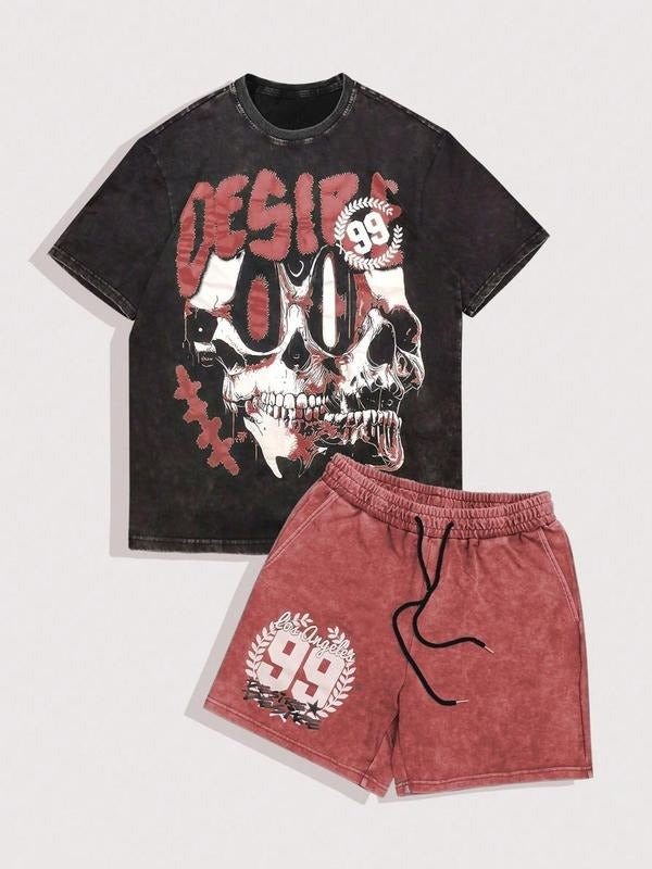 Men's Skull Print Short Sleeve Tee & Shorts Two-Piece Set, Regular Fit Casual Round Neck T-shirt & Track Shorts, Summer...
