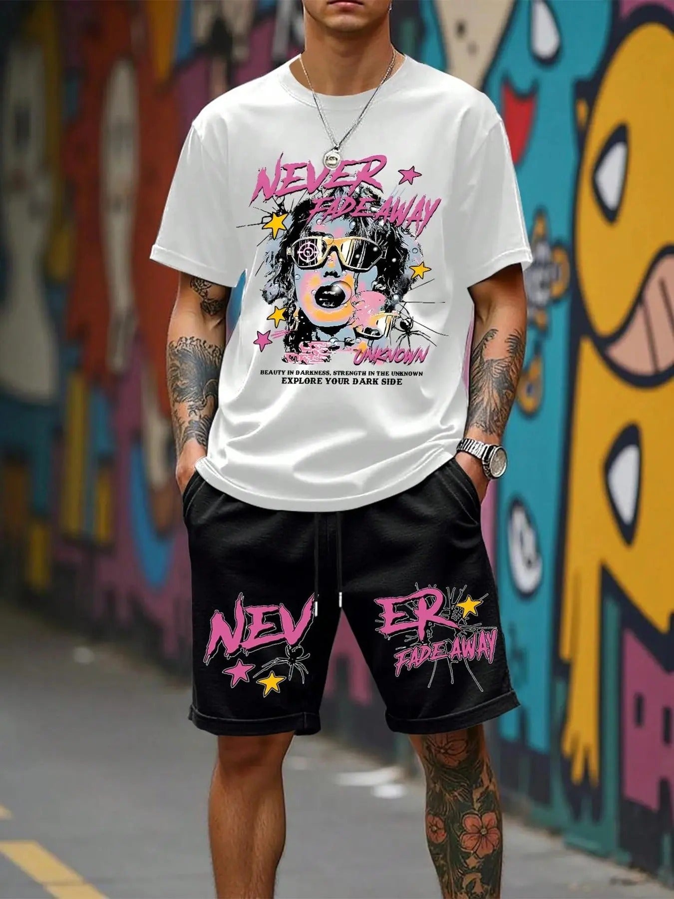 Street Graffiti Print Crew Neck & Drawstring Waits Shorts Two Piece Set Regular Fit Street Casual Comfy Round Neck Short Sleeve & Pocket Shorts Summer Clothes Set T-Shirts, Hoodie, Sweatshirt