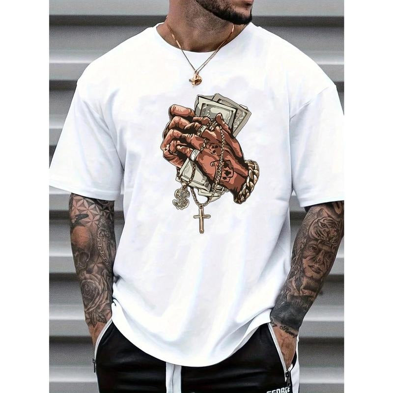 Men's Summer Casual Hand Gesture Cross Print Short Sleeve T-Shirt Made in USA Hoodie Sweatshirt | PrintMintTees.com