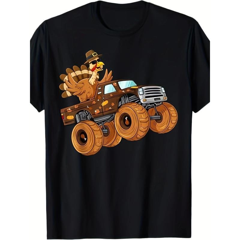 Men's T-shirt With Thanksgiving Turkey Riding A Monster Truck - 220g 100% Cotton T-shirt made in usa Hoodie Sweatshirt