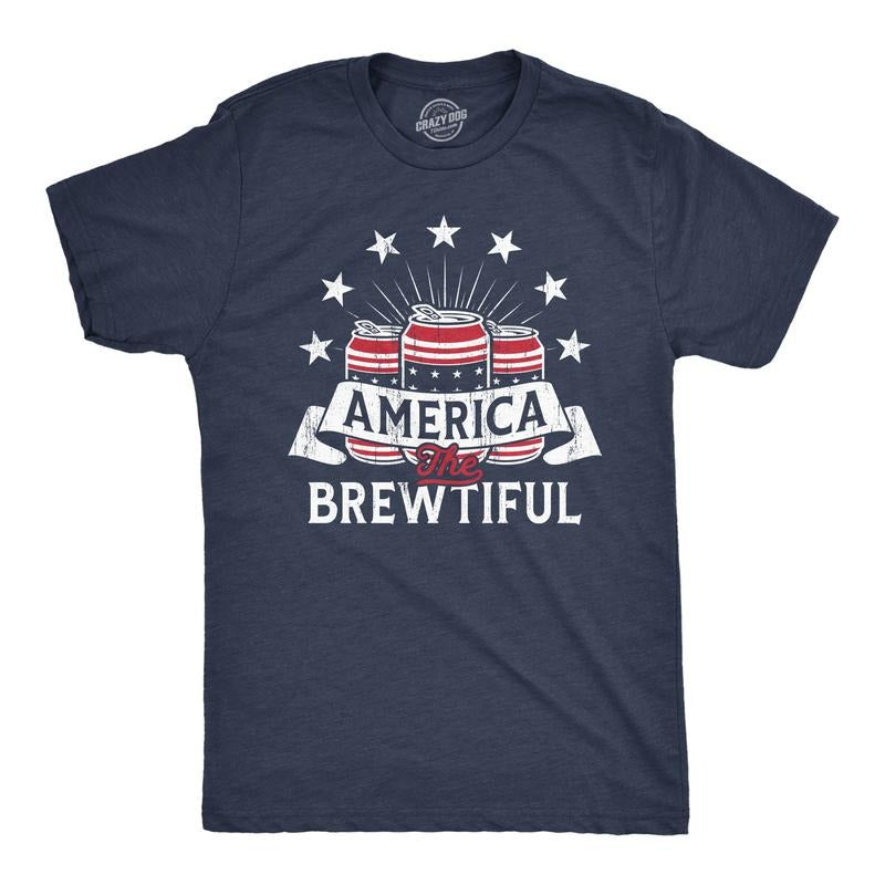 Mens America The Brewtiful T Shirt Funny Patriotic Drinking Beer Can Tee For Guys Mens Funny T Shirts Cool Tees Soft...