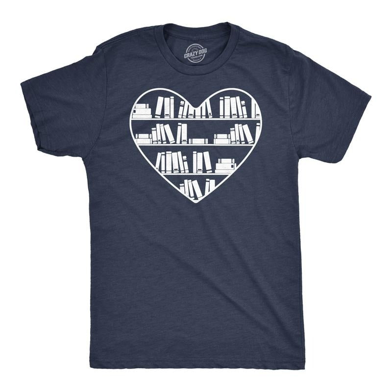 Mens Bookshelf Heart Funny T Shirt Reading Graphic Tee For Men Mens Funny T Shirts Cool Tees Soft Stylish Casual Menswear...