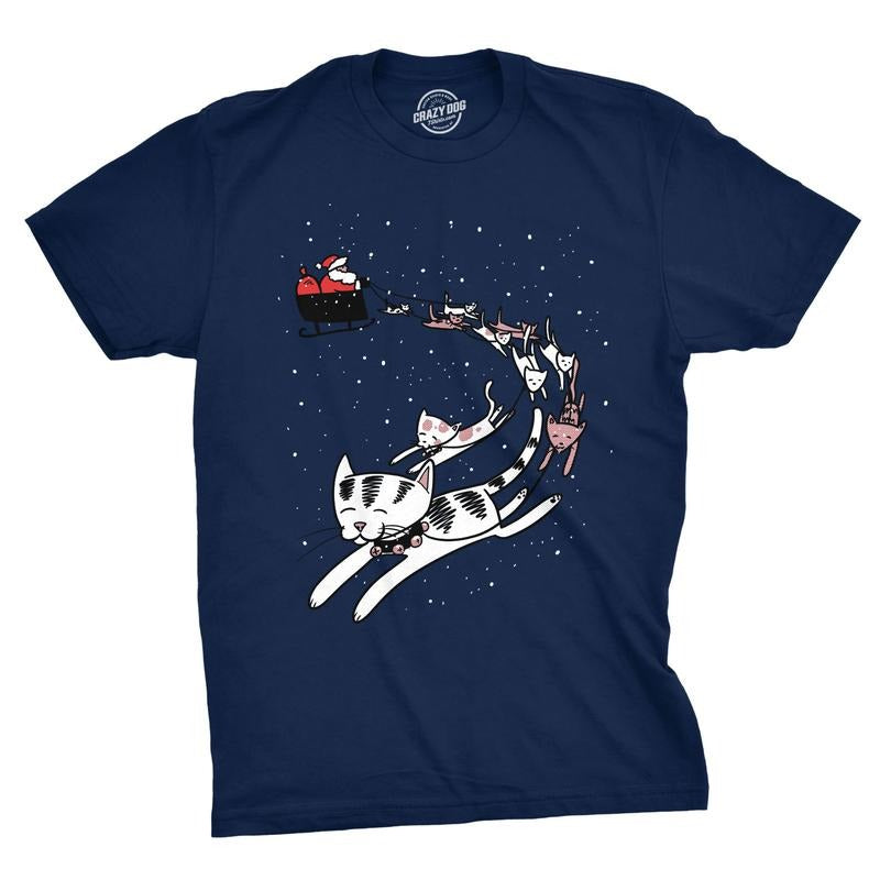 Mens Cat Sleigh T Shirt Funny Santa Christmas Holiday Tee For Animal Lover Mens Funny T Shirts Cool Tees Soft Stylish...