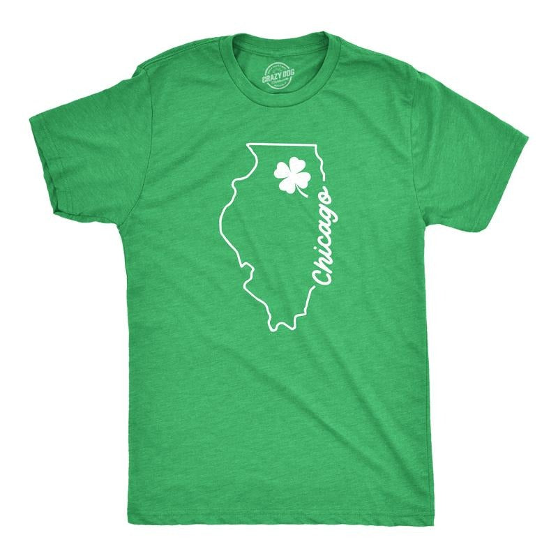 Mens Chicago Illinois Saint Patrick's T Shirt Funny St. Paddy's Day Parade Novelty Graphic Tee For Guys Mens Funny T...
