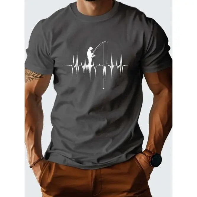 Mens Comfort Fit EKG Fishing Design T-Shirt - Soft Pure Cotton, Crew Neck, Regular Fit, All-Season Wear, Slight Stretch,...