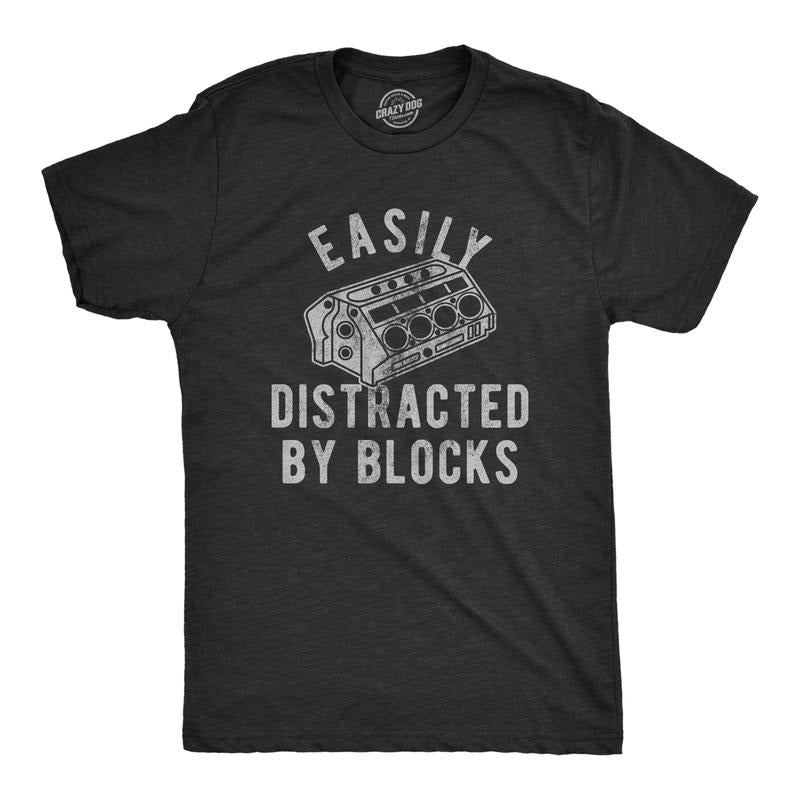 Mens Easily Distracted By Blocks T Shirt Funny Car Engine Lovers Novelty Graphic Tee For Guys Mens Funny T Shirts Cool...