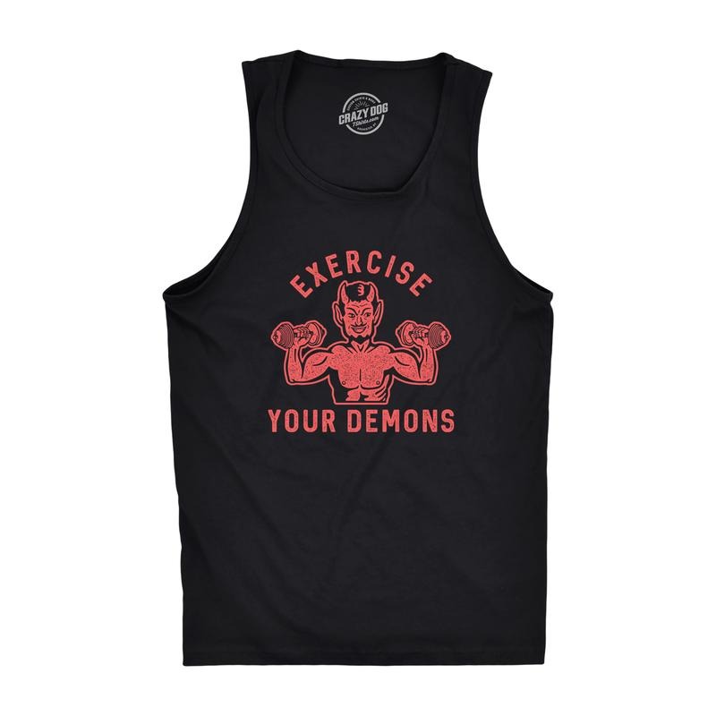 Mens Exercise Your Demons Fitness Tank Funny Halloween Fitness Workout Devil Graphic Tanktop Funny Workout Shirt for Men...