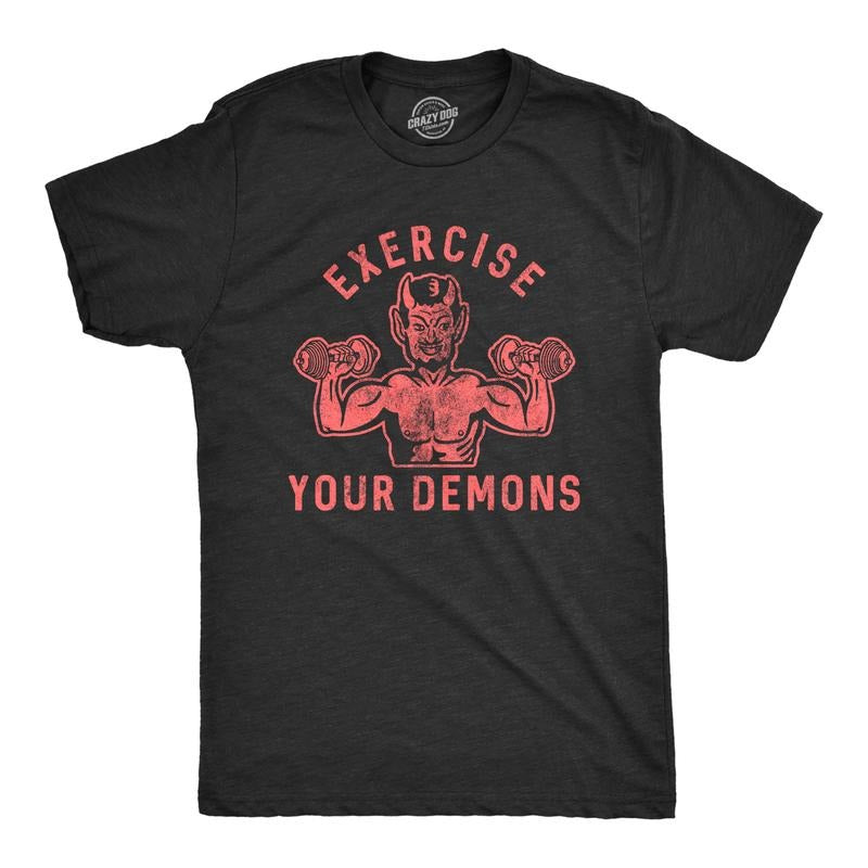 Mens Exercise Your Demons T Shirt Funny Halloween Fitness Workout Devil Graphic Tee Mens Funny T Shirts Cool Tees Soft...