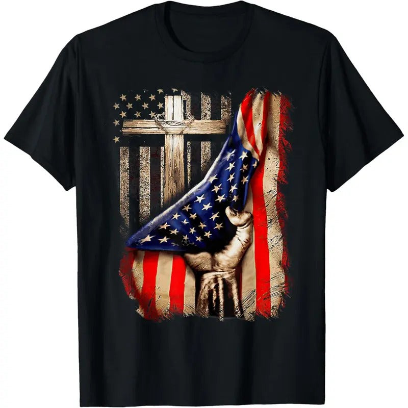 Mens Faith Over Fear Christian Cross American Flag T-Shirt made in usa Hoodie Sweatshirt | PrintMintTees.com