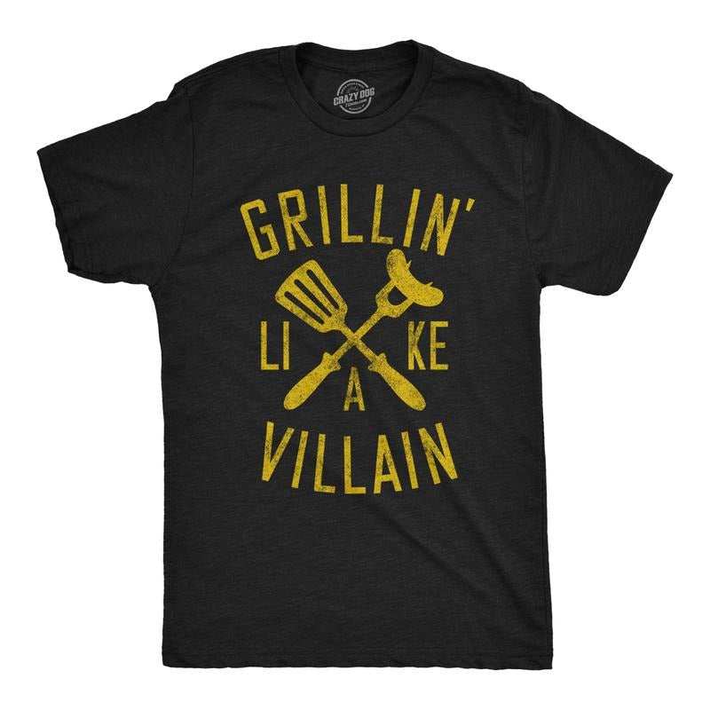 Mens Grillin Like A Villain T Shirt Funny Cookout BBQ Grill Tee Mens Funny T Shirts Cool Tees Soft Stylish Casual...