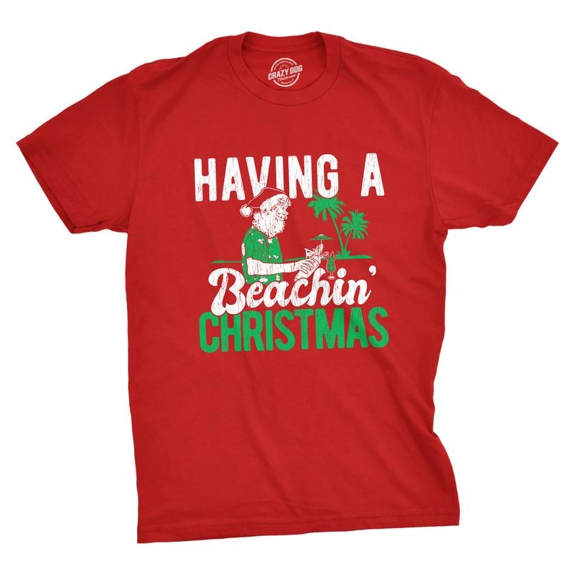 Mens Having A Beachin Christmas T Shirt Funny Santa Claus Cocktail Tee Mens Funny T Shirts Cool Tees Soft Stylish Casual...