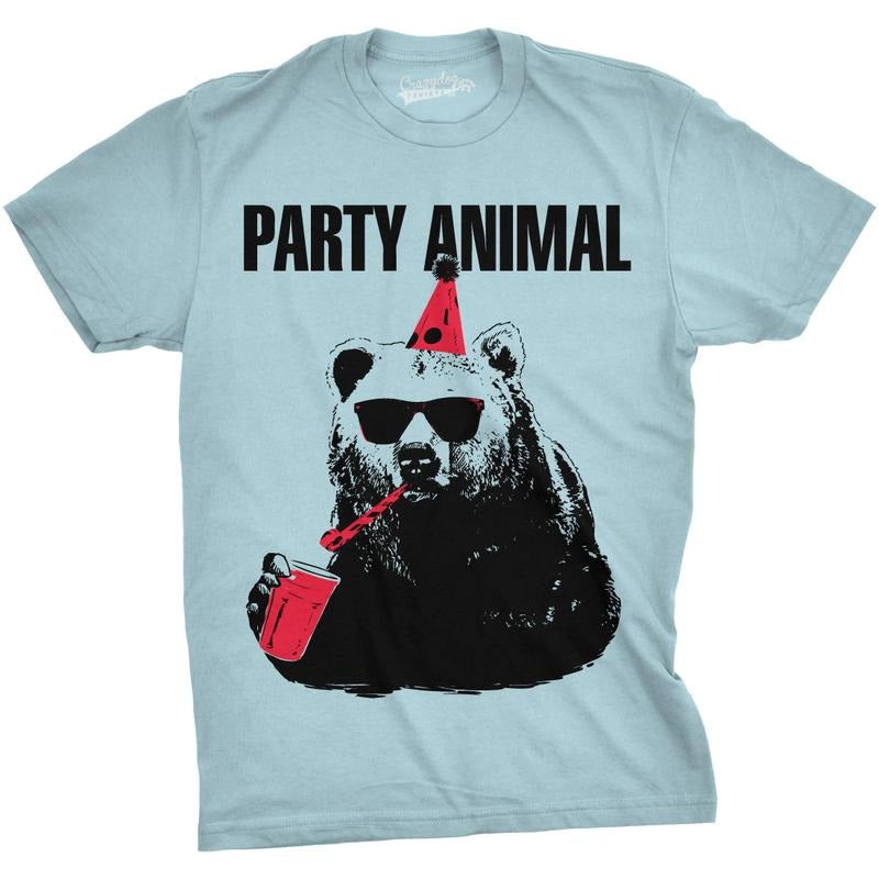 Mens Party Animal Funny Bear Tee Birthday Shirts Hilarious Party Time Novelty T shirt Mens Funny T Shirts Cool Tees Soft...