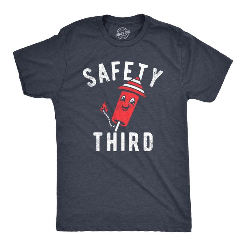 Mens Safety Third T Shirt Funny Fourth Of July Fireworks Dangerous Joke Tee for Guys Mens Funny T Shirts Cool Tees Soft...