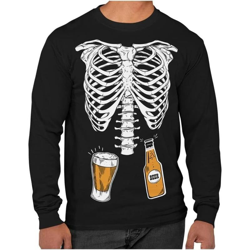 Mens Skeleton Beers in Belly Shirt Ribcage Xray Funny Halloween Costume Long Sleeve T-Shirt for Men  made in us Hoodie...