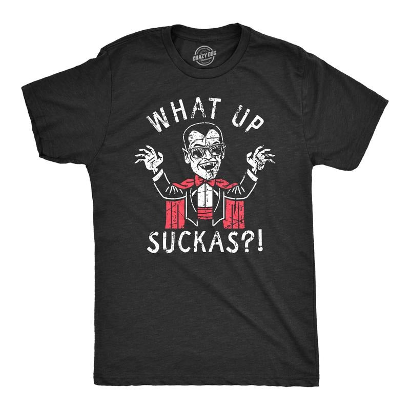 Mens What Up Suckas T Shirt Funny Spooky Halloween Party Vampire Tee For Guys Mens Funny T Shirts Cool Tees Soft Stylish...