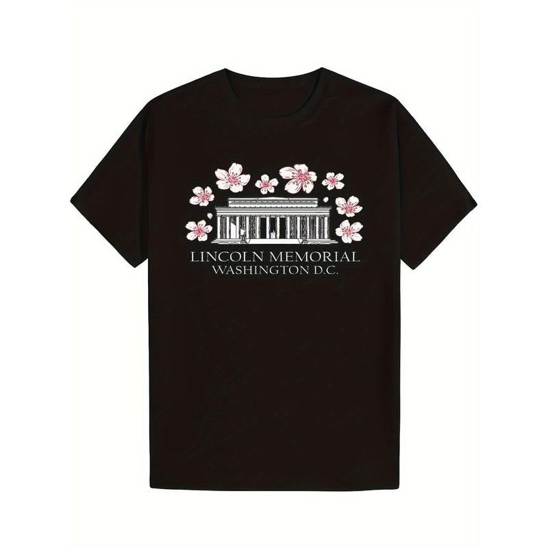 Mens for LincoLn Memorial & Cherry Blossom Graphic T-Shirt - 100% Cotton, Casual Round Neck, Short Sleeve, All-Season...