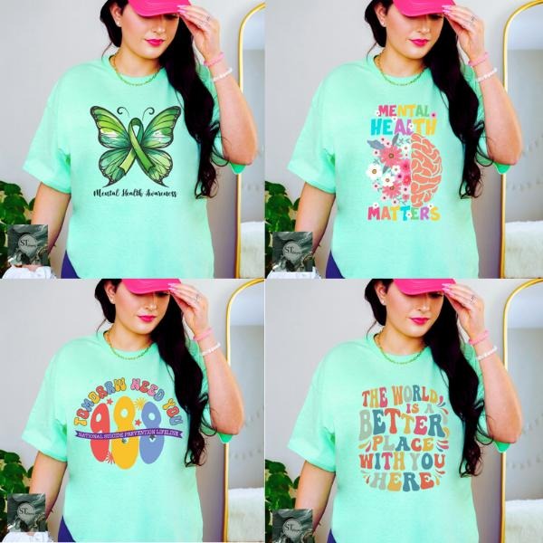 Mental Health Awareness Mint Green T-Shirt Top Womenswear Statement Tee Casual Shortsleeve Hoodie Sweatshirt