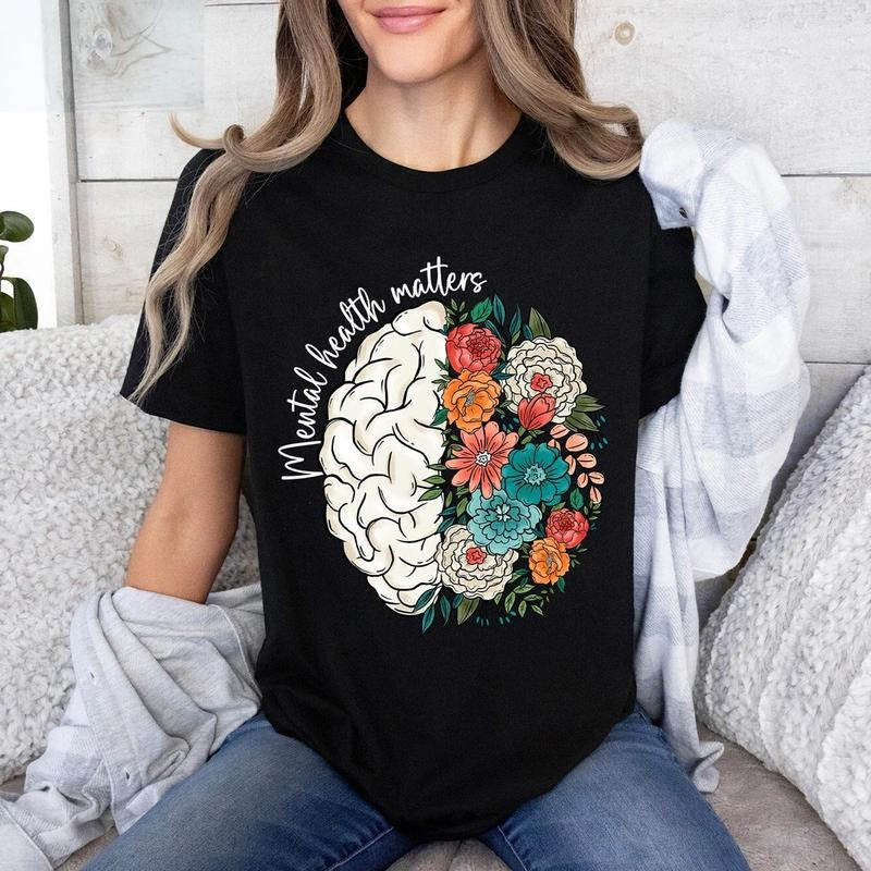 Mental Health Matters Shirt Mental Health Awareness School Psychologist Shirt Inspirational Shirts Floral Brain Anxiety T-Shirts, Hoodie, Sweatshirt