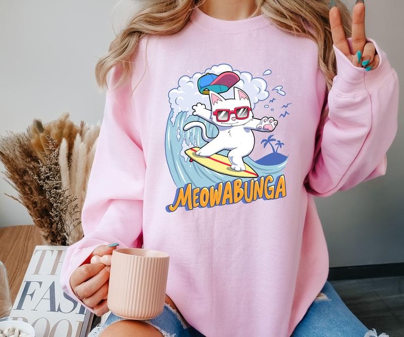 Meowabunga Crewneck Sweatshirt T-Shirts, Hoodie | PrintMintTees.com