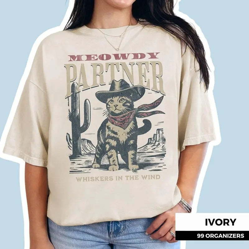 Meowdy Partner Cowboy Cat Shirt, Vintage Cowboy Cat Shirt, and Tank Top, Funny Cowboy Cat Crewneck Hoodie Sweatshirt