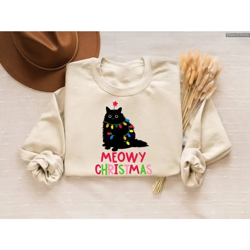 Meowy Cat Christmas Shirt, Sweater, Hoodie, Cat Lover Xmas Sweatshirt, Noel Cat Mom Sweater, Catmas Gift For New Year...