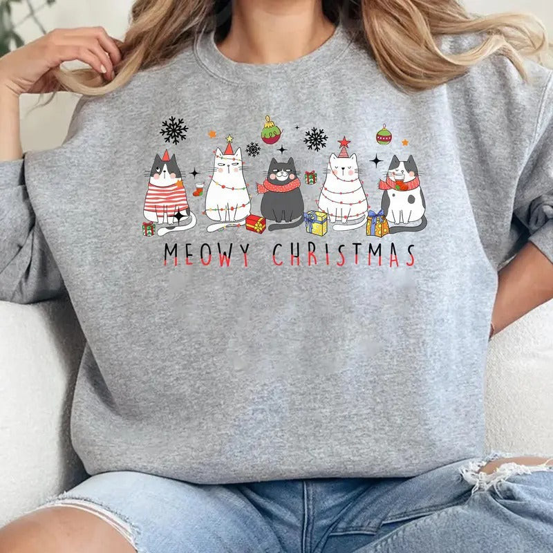 Meowy Christmas Cat Sweatshirt, Cat Lover Xmas Crewneck, Funny Christmas Cat Hoodie, Shirt For Cat Lover, Cat Mom...