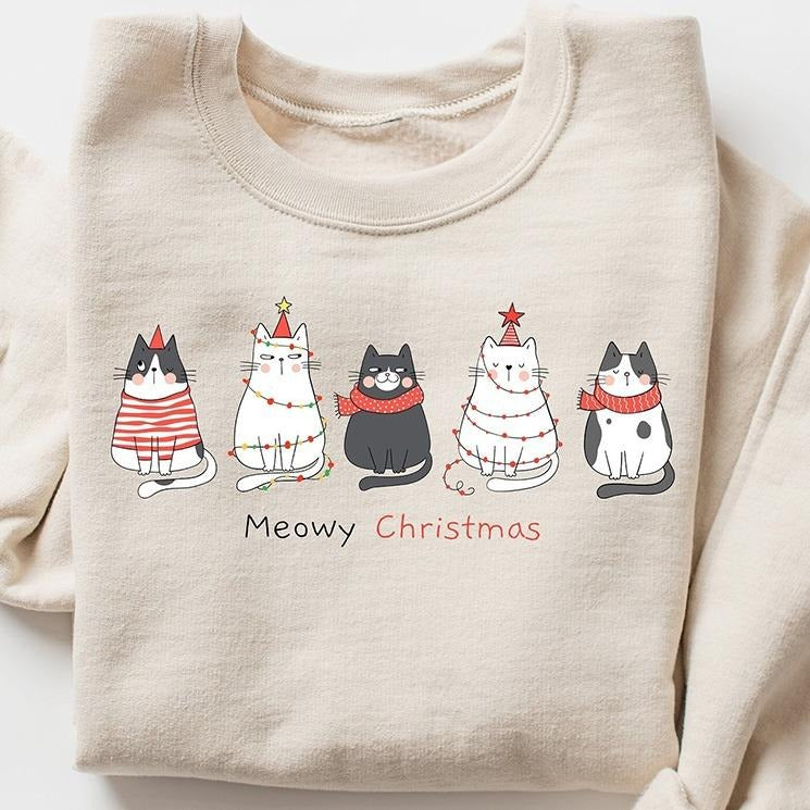 Meowy Christmas Crewneck Sweatshirt, Funny Cat Christmas Hoodie, T-shirt | PrintMintTees.com
