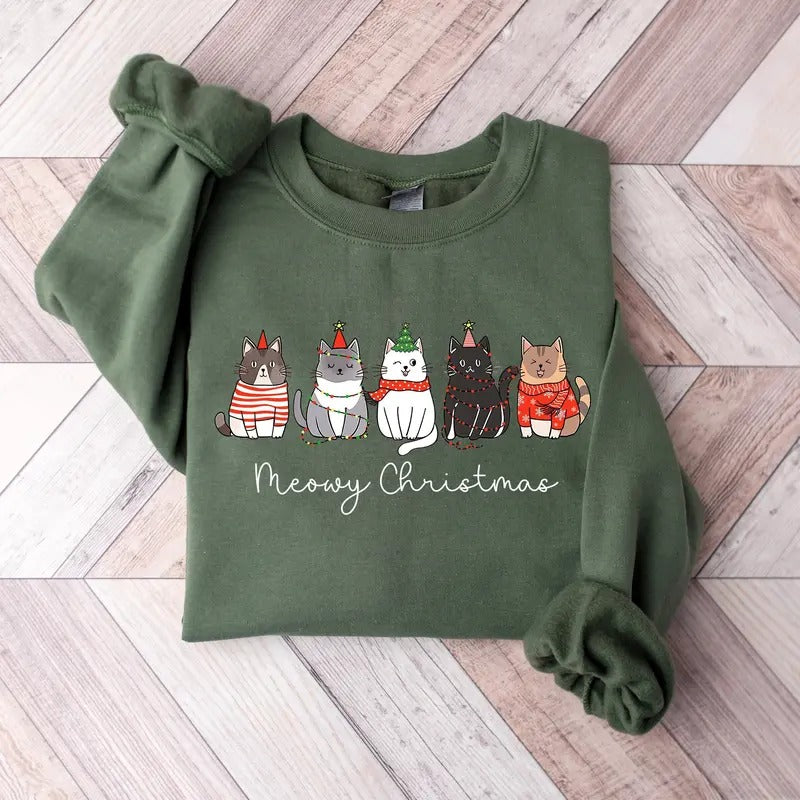 Meowy Christmas Sweatshirt, Cat Christmas Sweater, Happy Cat Year Shirt, Funny Christmas Cat Shirt, Cat Christmas...