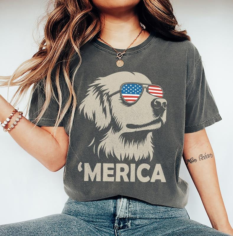 Merica Golden Retriever Shirt, 4th of July Dog Shirt, Golden Retriever Mom Gift, Patriotic Dog Tee, Golden Retriever...