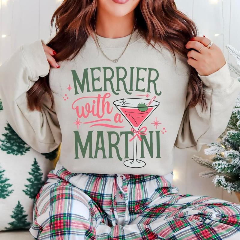 Merrier with a Martini Retro Christmas Sweatshirt, Funny Holiday Cocktail Shirt, Vintage Xmas Party Sweatshirt, Holiday...