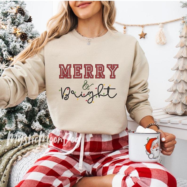 Merry & Bright Christmas Sweatshirt, Christmas Shirts, Cute Festive Sweater, Christmas Shirt, Christmas Crewneck...