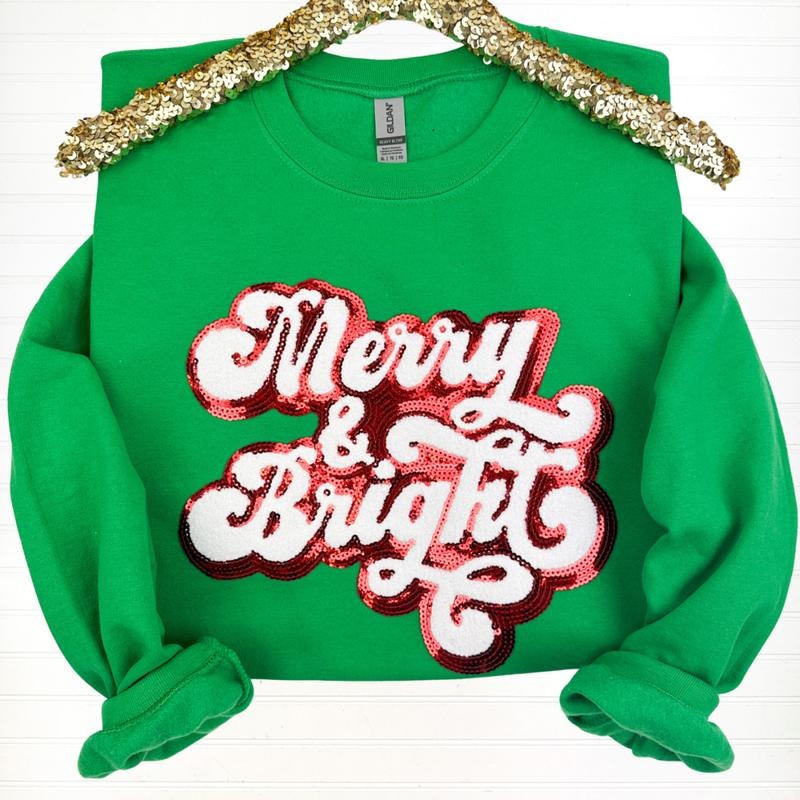 Merry & Bright Sequin Patch Sweatshirt Shirt Hoodie | PrintMintTees.com