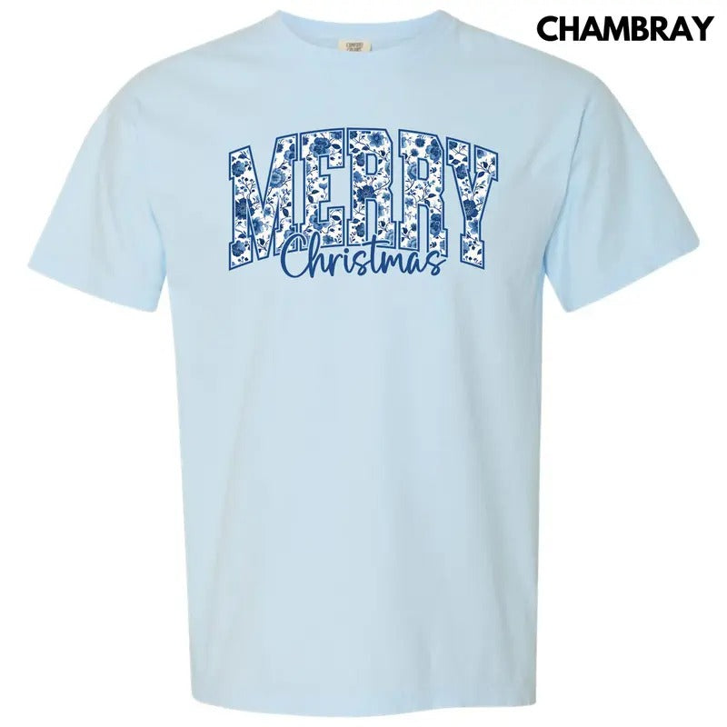 Merry Blue Floral Christmas Comfort Colors T-Shirt 'NLB' Hoodie Sweatshirt | PrintMintTees.com