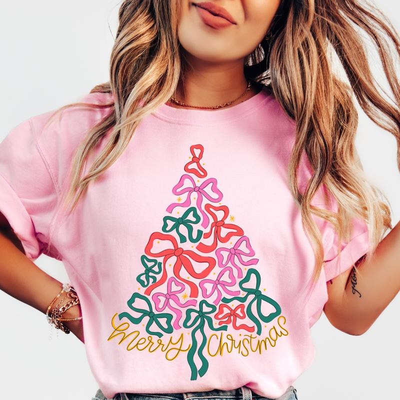 Merry Bow Christmas Tree Shirt~ Unisex Apparel Relaxed Fit Printed In The USA Clothing Womenswear Casual Comfort Cotton...