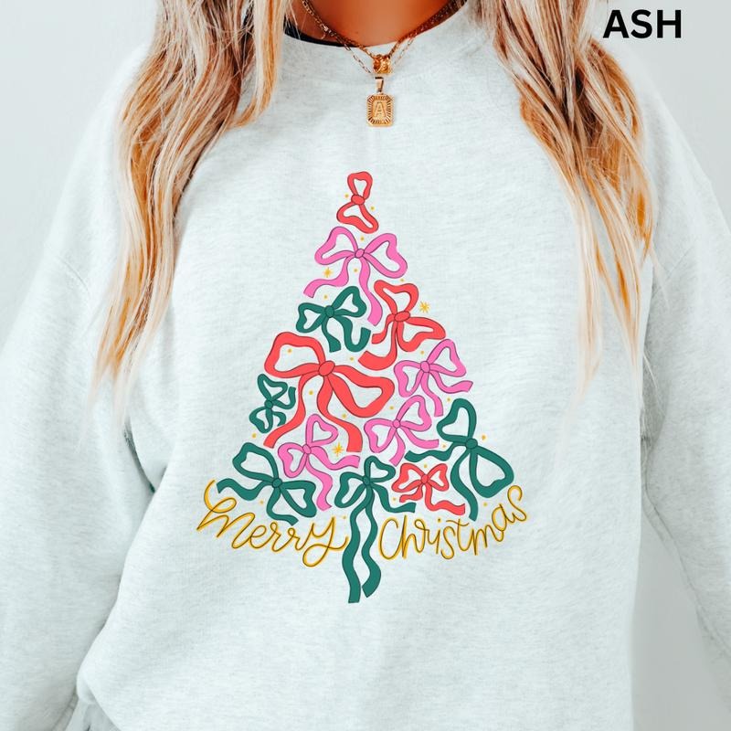 Merry Bow Christmas Tree Sweatshirt, Winter Graphic Sweatshirt Casual Cotton Polyester Oversized sweatshirt