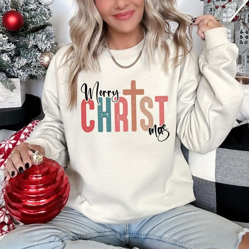 Merry CHRISTmas Sweatshirt, Faith Christmas Sweatshirt, Jesus Christmas Sweatshirt, Christmas Gifts Cotton Clothes Shirt...