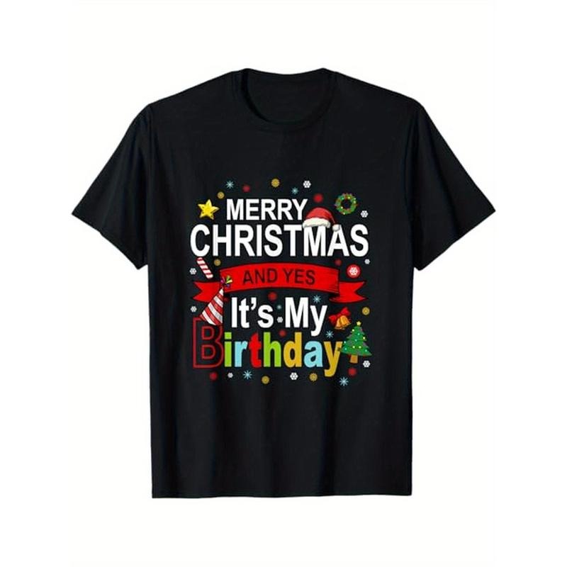 Merry Christmas & My Birthday" Funny Tee - Soft Polyester, Black Short Sleeve Shirt for Men, Perfect Gift for Holidays &...