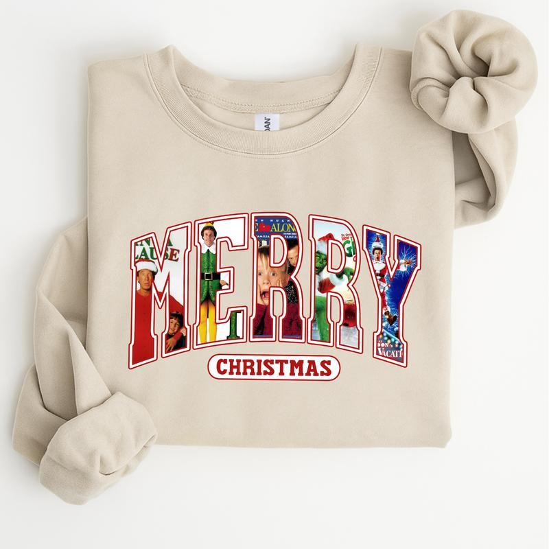 Merry Christmas 90s Movies Sweatshirt, Retro Holiday Crewneck, Classic Film Collage Pullover, Cozy Christmas Graphic...